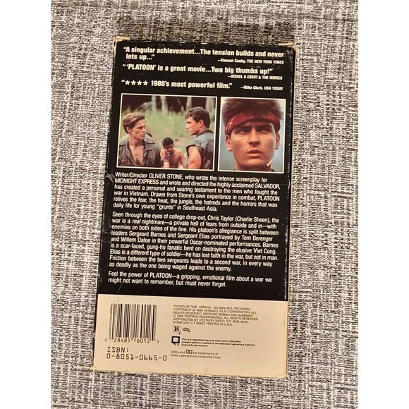 Platoon VHS Tape 1986 Best Pic Direc. Oliver Stone, Charlie Sheen, Willem Dafoe - Picture 2 of 3